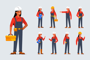 Female construction worker character set. Vector illustration of a woman builder in various poses.