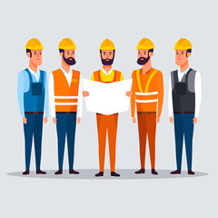 Construction crew of builders and engineers discussing a project plan