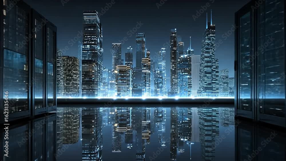Poster tech-infused metropolis: a futuristic cityscape, shimmering with a network of data and interconnecte