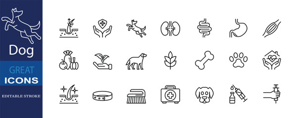 A clean editable-stroke icon set for dog health, grooming, feeding, training, and vet care. Perfect for pet shops, vet clinics, and animal product packaging.