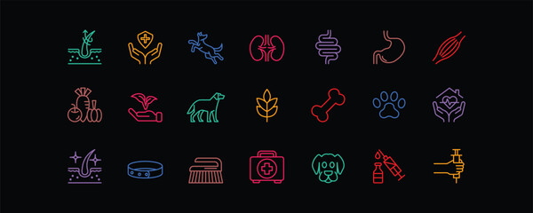 A clean editable-stroke icon set for dog health, grooming, feeding, training, and vet care. Perfect for pet shops, vet clinics, and animal product packaging.