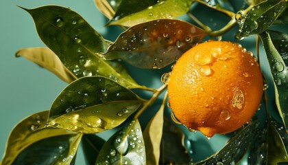 a vibrant kumquat glistens with water droplets amidst lush green leaves against a teal background.