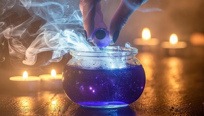 A person is pouring a blue liquid into a glass bowl. The bowl is on a table with candles around it. The candles are lit, and the blue liquid is glowing in the light. The scene has a mystical