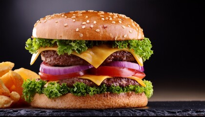 mouthwatering multi layered hamburger with juicy beef and melted cheese