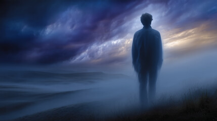 A solitary figure standing in a foggy landscape, symbolizing the journey through grief with emotional stages represented by shifting weather patterns from stormy skies to calm ligh