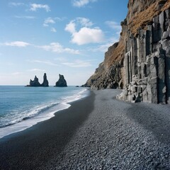 Black Pebble Beach with Basalt Columns and Sea Stacks