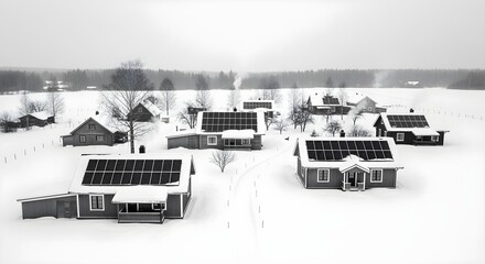 Aerial shot of off-grid solar houses in a rural area