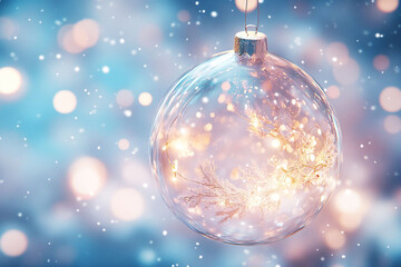 A transparent glass Christmas ornament with a empty space for text, Christmas lights sparkling in the background, snow falling, soft lighting, blue and silver color scheme