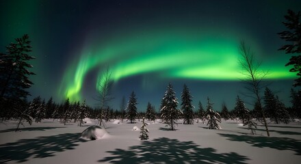 Aurora Borealis dancing over a snowy forest under dark night sky