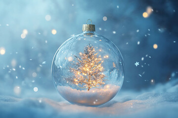 A transparent glass Christmas ornament with snow and golden lights insideagainst a background of blue and white tones, with blurred snowflakes flying around it