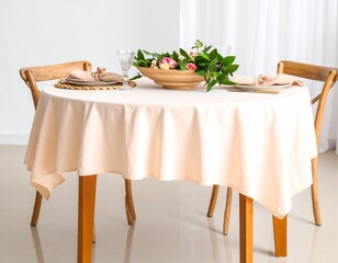 A round wooden dining table covered neatly with a crisp white tablecloth that drapes elegantly to...