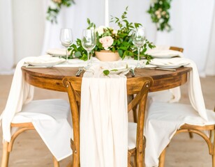 A round wooden dining table covered neatly with a crisp white tablecloth that drapes elegantly to just