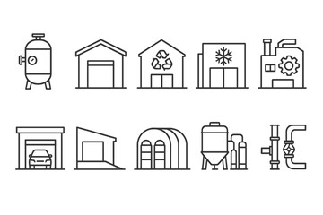 Industrial, manufacturing outline icon set. factory, warehouse, production icons