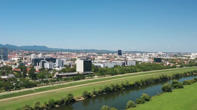Panoramic view of the Sava river in Zagreb, Croatia, city skyline in background