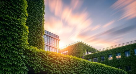 Close-up of modern business buildings catching sun