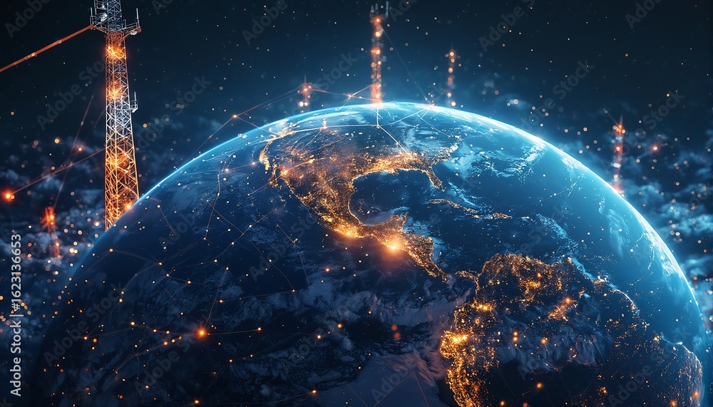 Poster a vibrant digital representation of earth illuminated by city lights and connected by a global netwo