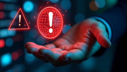 A male hand holds glowing digital notifications symbolizing alerts and warnings.