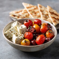 Bowl of Feta Cheese, Tomatoes, and Olives with Pita Bread