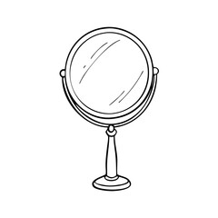 Circular vanity mirror with clean lines on white background. Vanity mirror design showcases a single reflection tool in elegant form, with a stand and minimal frame.