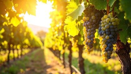 Fototapeta premium Sunlit Vineyard: Ripe Grapes Hanging from Vines at Sunset in a Beautiful Vineyard