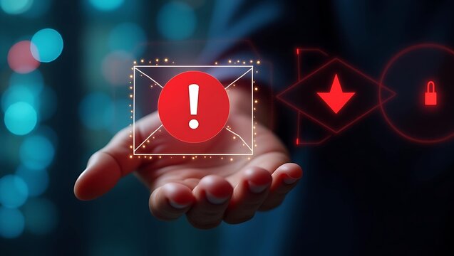 A hand reaches out with a glowing alert icon in a digital landscape, representing cybersecurity awareness.