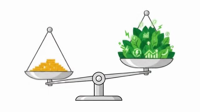 The Tipping Point Animated Scales Valuing Sustainable Green Economy Over Traditional Financial Wealth.