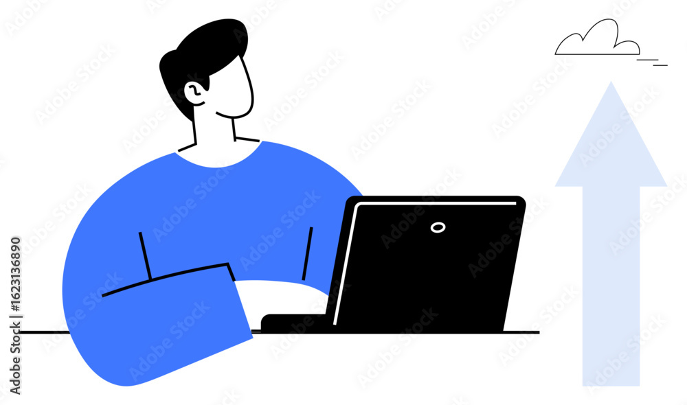 Poster man seated at a desk using a laptop, looking upward at an arrow representing growth or progress near