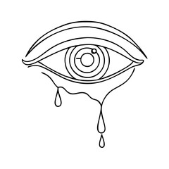 Crying eye in minimalist line drawing style on white backdrop. Crying eye illustration showing teardrops and clean line art, creating a somber mood.