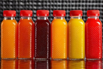 Colorful fruit juice bottles with red caps in a row on a reflective surface