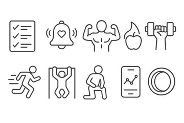 Naklejka na ściany i meble Fitness and health line icon set. exercise, wellness, gym linear collection