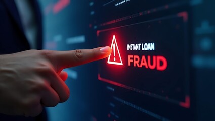 A close-up of a hand pointing at a digital screen displaying a warning about instant loan fraud.