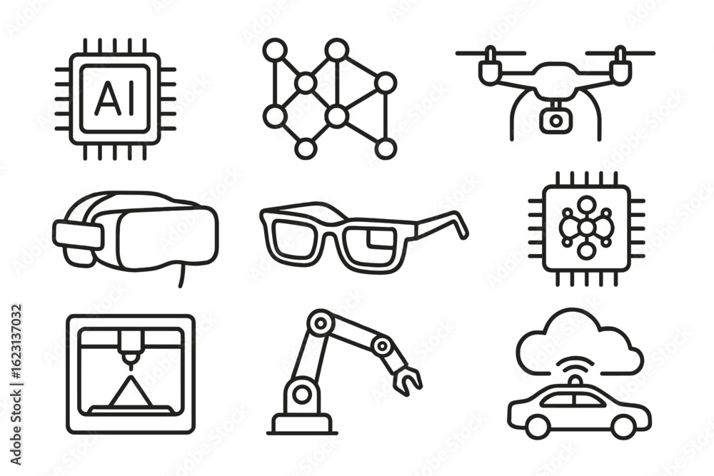 Poster technology and ai line icon set. gadgets, robotics, and network outline collection