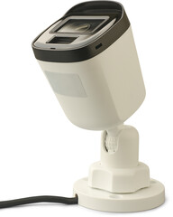 bullet style security or surveillance camera isolated white background, side view of CCTV equipment with infrared LED for night vision, mock-up template