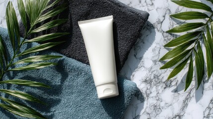 White Cleanser Tube Displayed on a Stylish Arrangement of Blue and Black Towels Surrounded by Fresh Green Leaves for a Clean and Serene Aesthetic