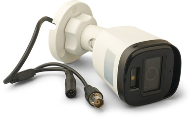 bullet style security or surveillance camera with its connectors isolated white background, side view of CCTV equipment with infrared LED for night vision, mock-up template
