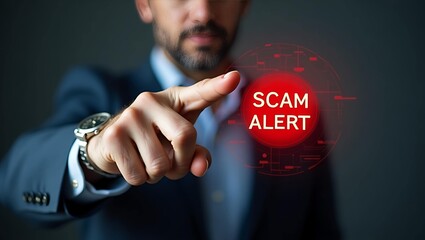 A business man pointing at a holographic 'SCAM ALERT' icon, conveying urgency and caution against fraud.