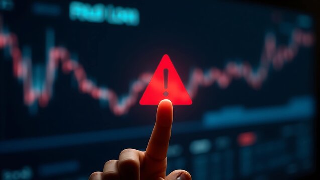 A close-up of a finger pressing a red alert symbol on a digital screen displaying stock market trends.