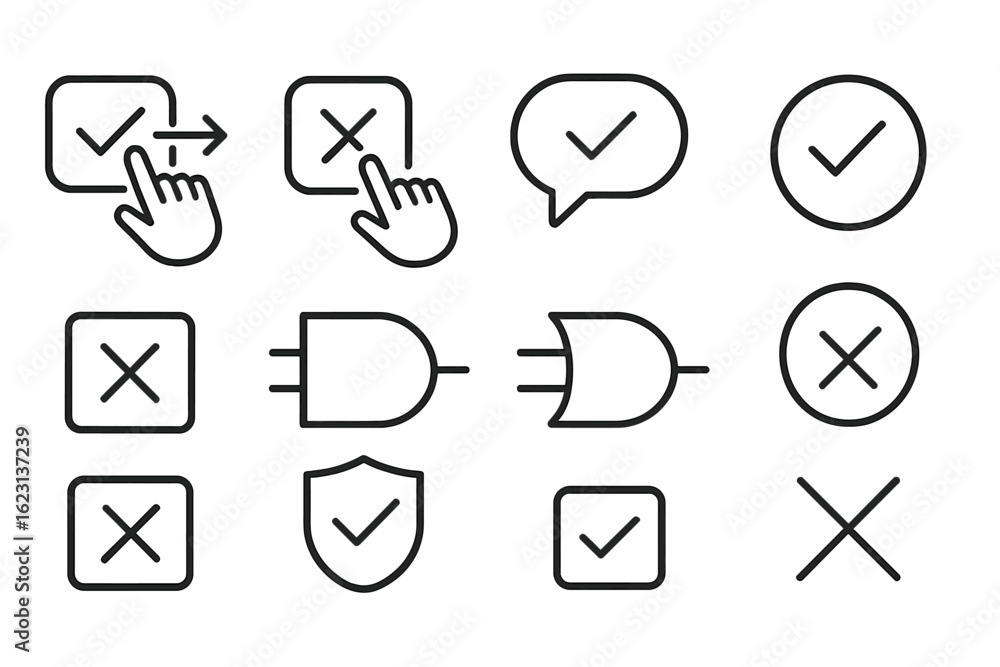 Poster user interface line icon set. checkmarks, crosses, interface elements collection