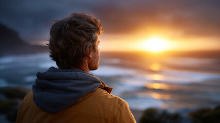 Fototapeta premium Silhouette of a person watching sunrise over the ocean, symbolizing the final stage of grief acceptance and peace, as warm light reflects a sense of healing and renewal grief journ