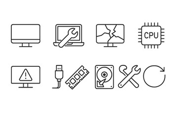 Computer repair linear icon set. tools, hardware, maintenance, it support icons