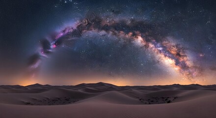 Panorama of the Milky Way galaxy arching over desert