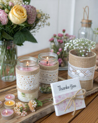 Charming DIY wedding favors featuring handmade candles, rustic decor, and floral arrangement on wooden surface