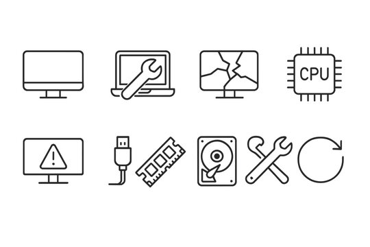 Computer repair linear icon set. tools, hardware, maintenance, it support icons