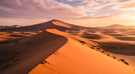 Slow pan across undulating dune ridges under a pink clouds