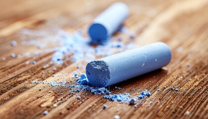 Two blue crayons are laying on a wooden surface. The crayons are broken and have blue powder on them