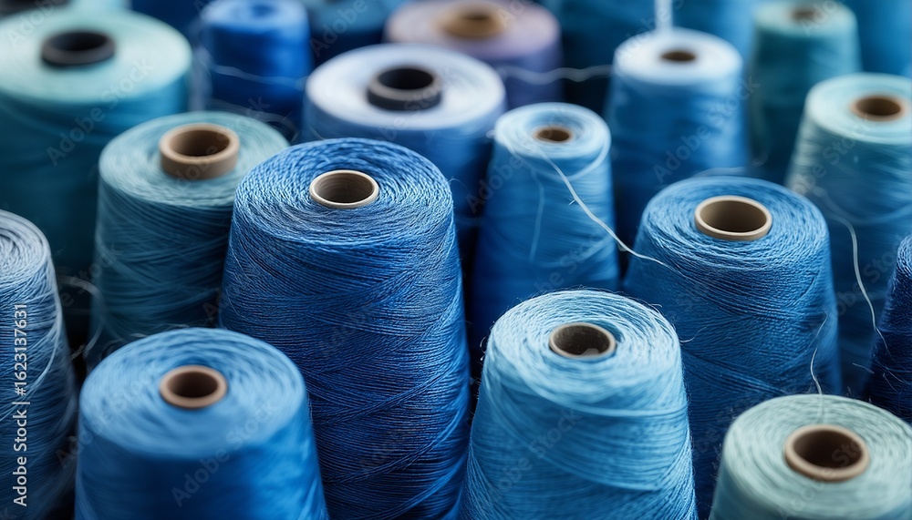 Poster a close-up view of numerous spools of blue and teal thread arranged tightly together, creating a tex