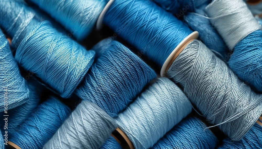 Poster a close-up view of various shades of blue and gray sewing threads densely packed together, creating 
