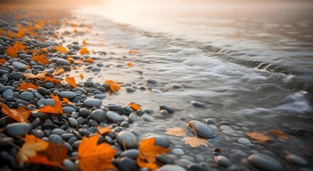 Slow-motion of small waves washing over pebbles on river bank