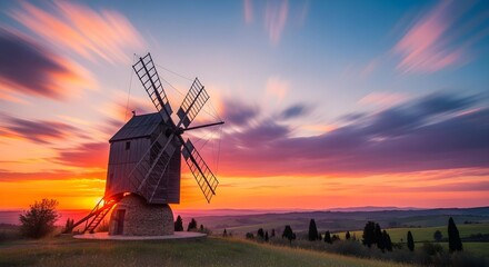 Time lapse of a windmill turning against a sunset