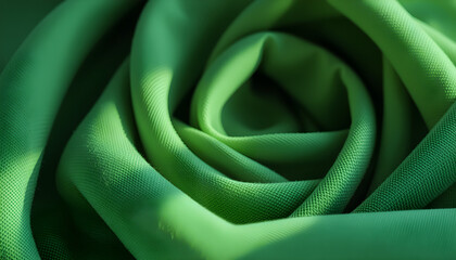 "Green Fabric Rose Pattern, Soft Textile Folds in Spiral Shape, Abstract Fabric Texture Background"